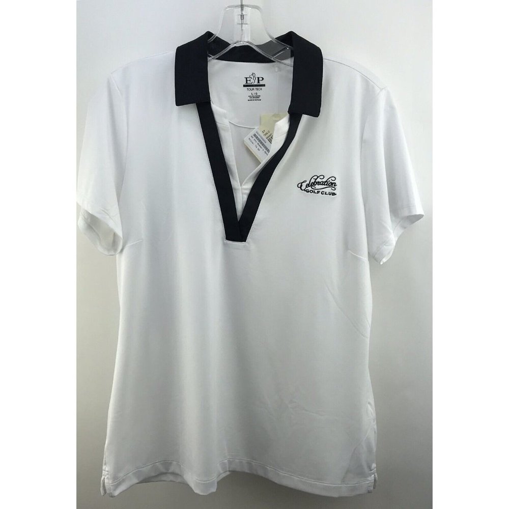 EP PRO Golf Polo White Black Shirt Celebration Glof Club Florida Stretch $74 NEW